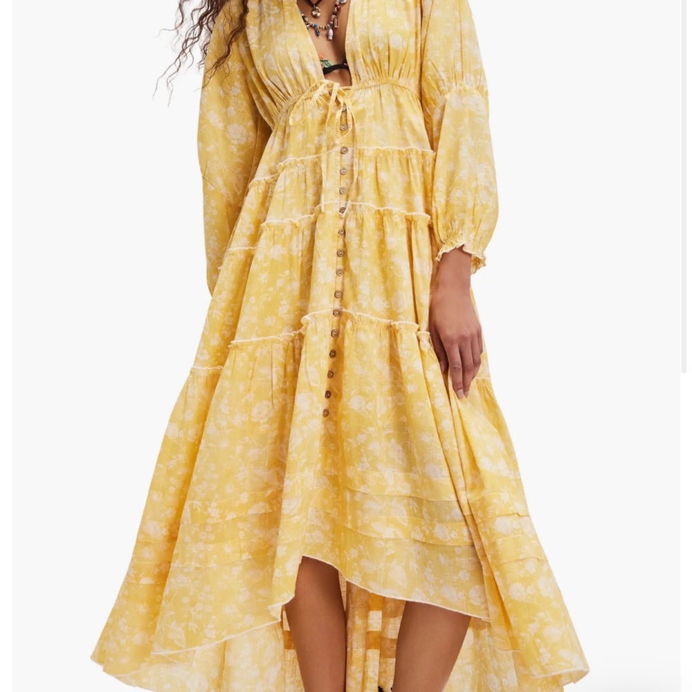 Free People Yellow Asymmetrical Sundress with Bishop Sleeves
